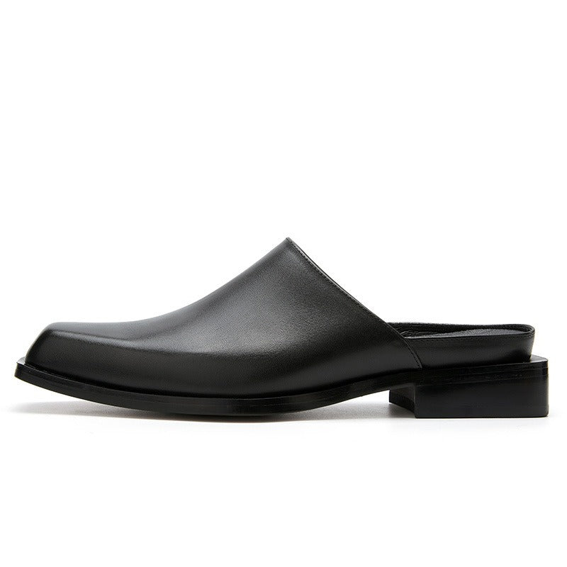 Square Headed Cowhide Leather Slippers with Stylish Hollow Back without Heel
