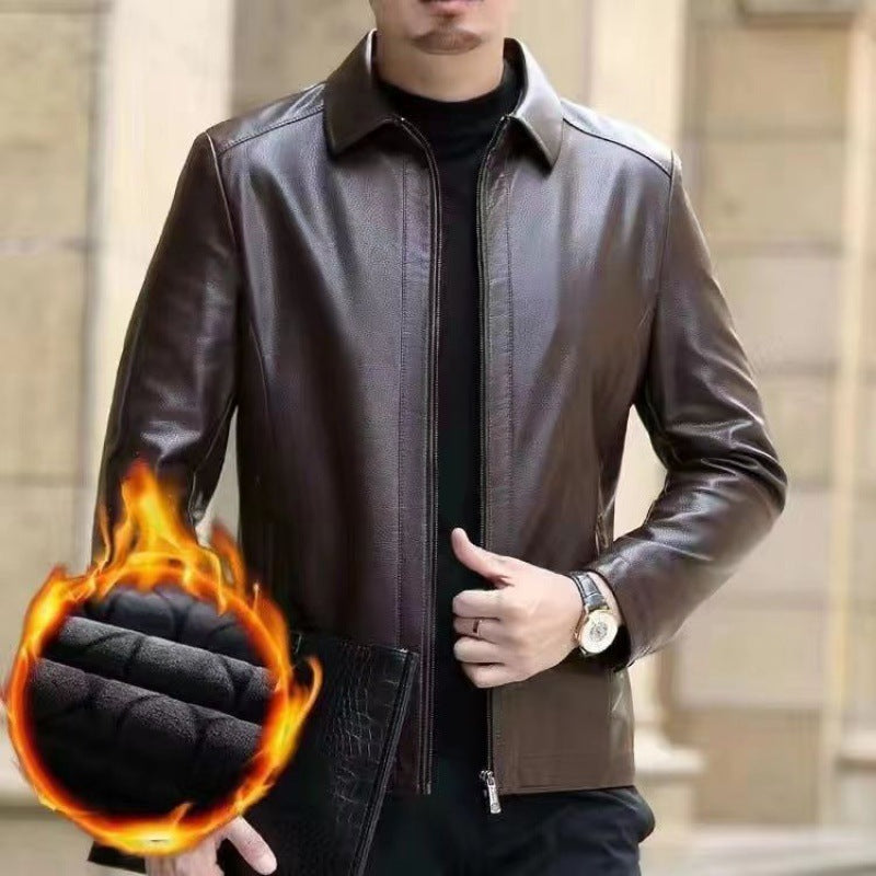 Leather Jacket Fleece Lined with Stand Collar