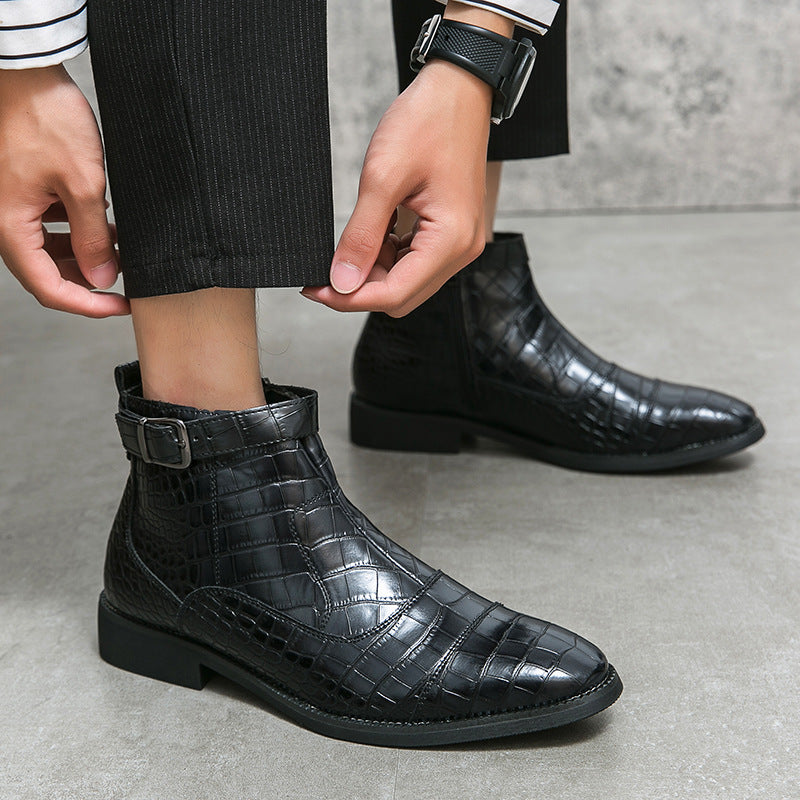 Leather Crocodile Pattern Fashion Pointed Toe Zipper Ankle Boots