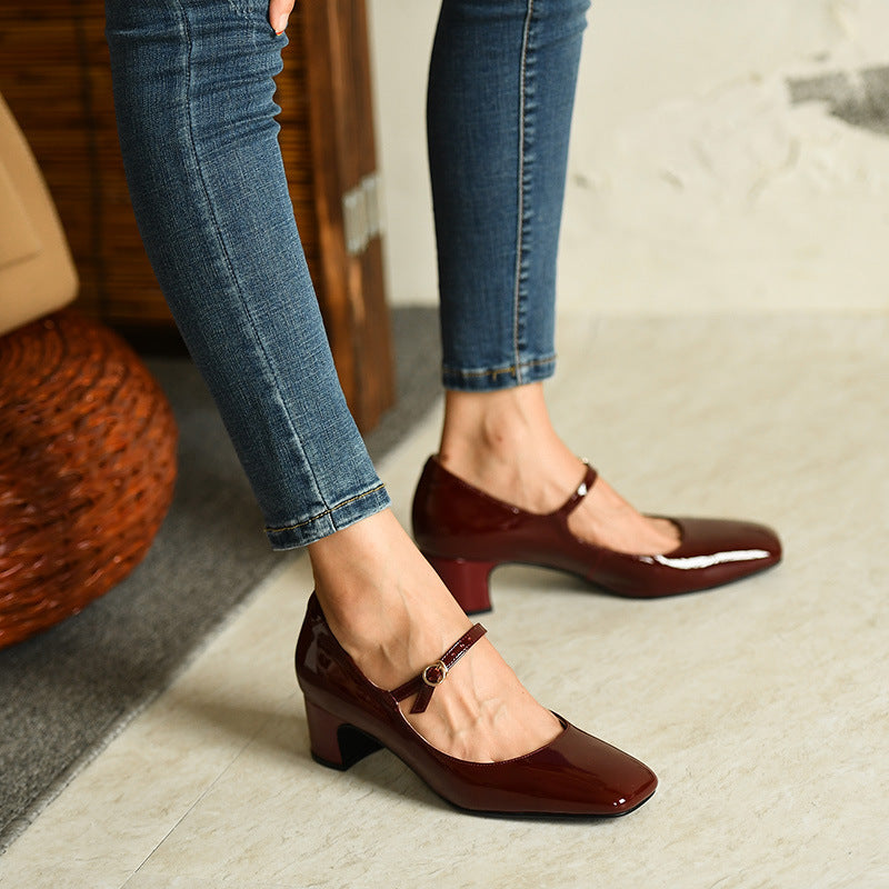 Burgundy Bright Leather Strap Square Toe Shoes