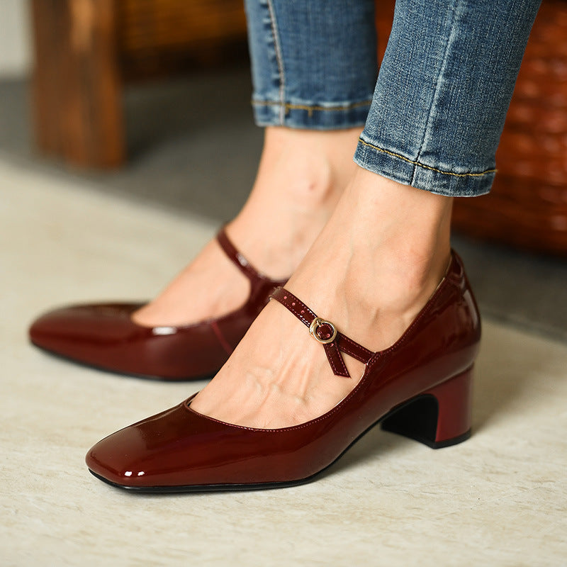 Burgundy Bright Leather Strap Square Toe Shoes