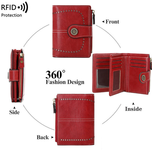 RFID Wallet card Slot Wax Leather Zipper Case