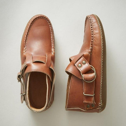 Comfy Leather Leopard Flat Buckle Strap Boots