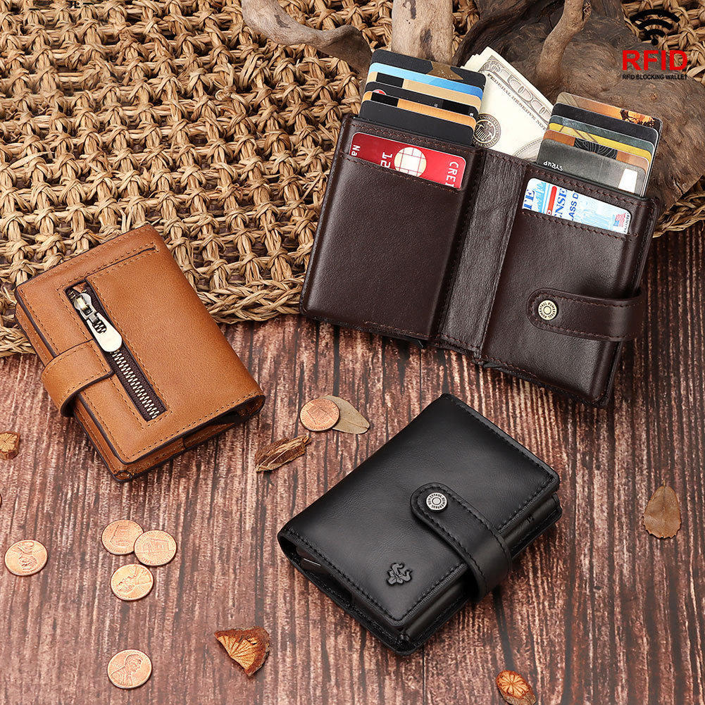 Leather RFID Card Holder Antimagnetic Short Wallet Retro Zipper Automatic