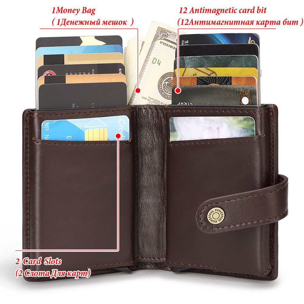 Leather RFID Card Holder Antimagnetic Short Wallet Retro Zipper Automatic