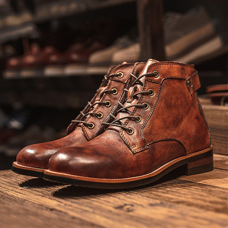 Vintage Retro Classy Leather Lace Up Ankle Low Heel Boots