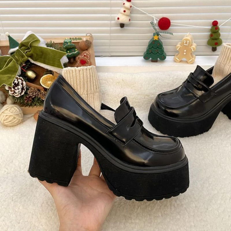 Short Heel British Platform Loafers Leather Shoes