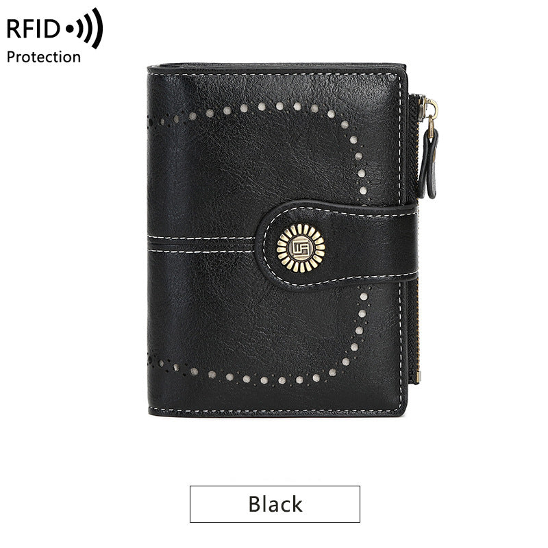 RFID Wallet card Slot Wax Leather Zipper Case