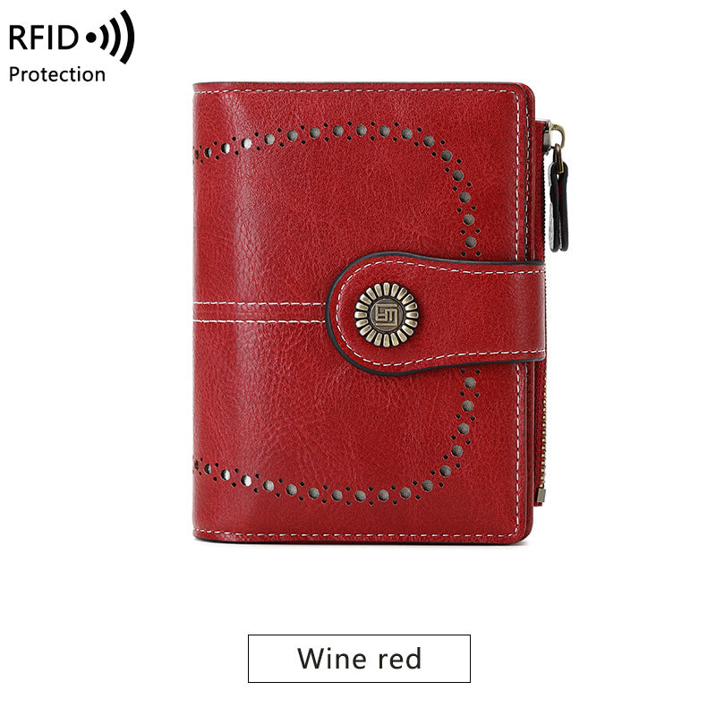 RFID Wallet card Slot Wax Leather Zipper Case