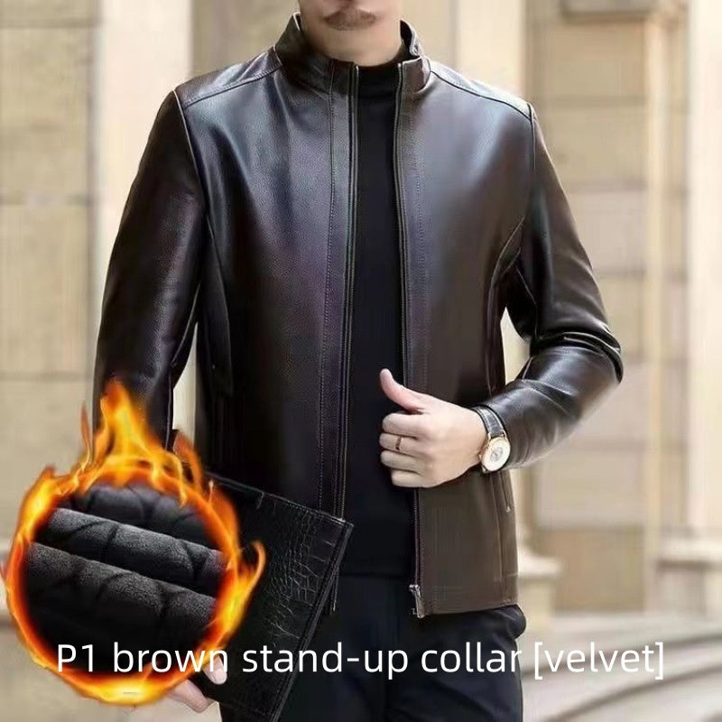 Leather Jacket Fleece Lined with Stand Collar