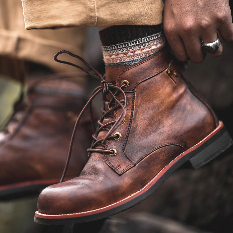 Vintage Retro Classy Leather Lace Up Ankle Low Heel Boots