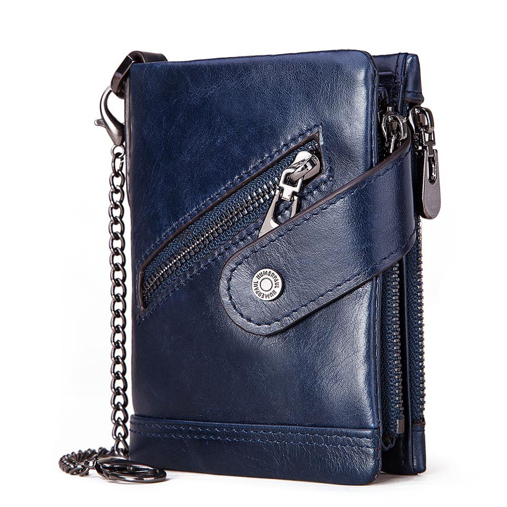 Leather RFID Independent Station Double Zipper Anti-Magnetic Anti-Theft Tri-Fold Wallet