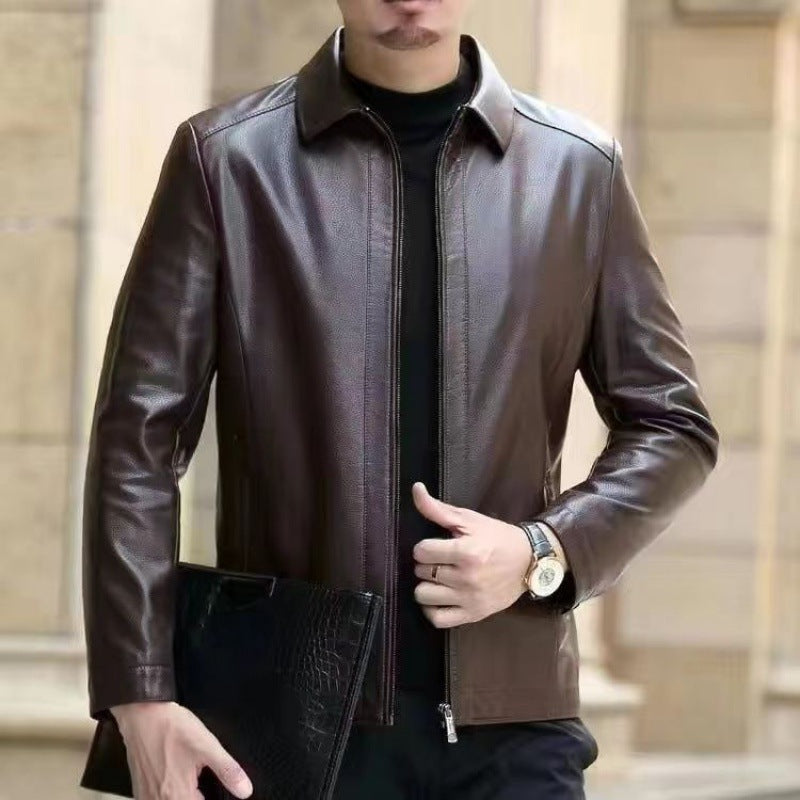 Leather Jacket Fleece Lined with Stand Collar