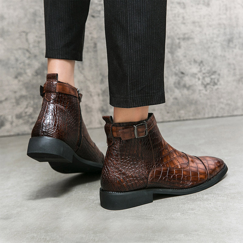 Leather Crocodile Pattern Fashion Pointed Toe Zipper Ankle Boots