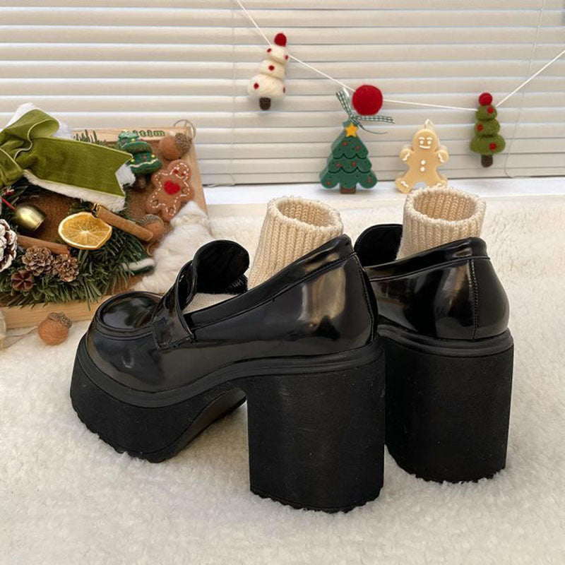 Short Heel British Platform Loafers Leather Shoes