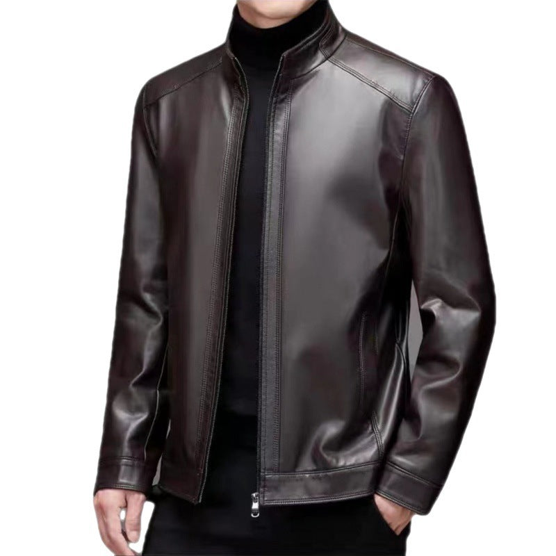 Leather Jacket Fleece Lined with Stand Collar