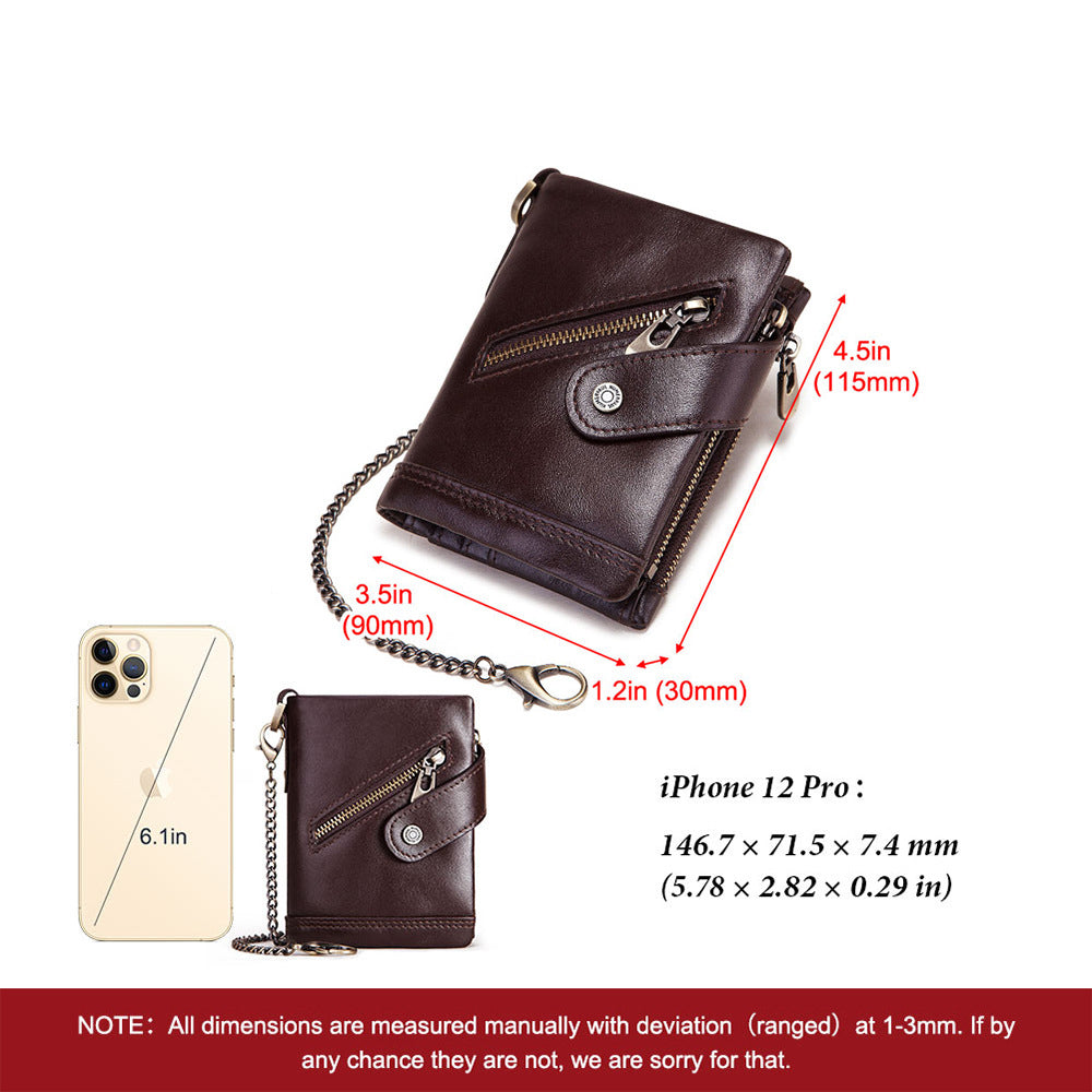 Leather RFID Independent Station Double Zipper Anti-Magnetic Anti-Theft Tri-Fold Wallet