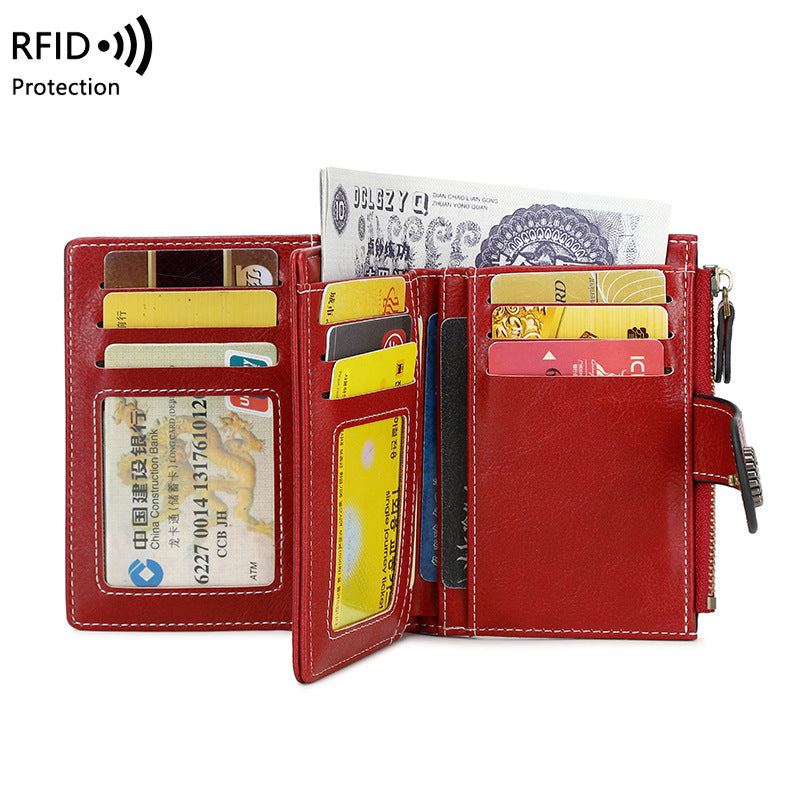 RFID Wallet card Slot Wax Leather Zipper Case
