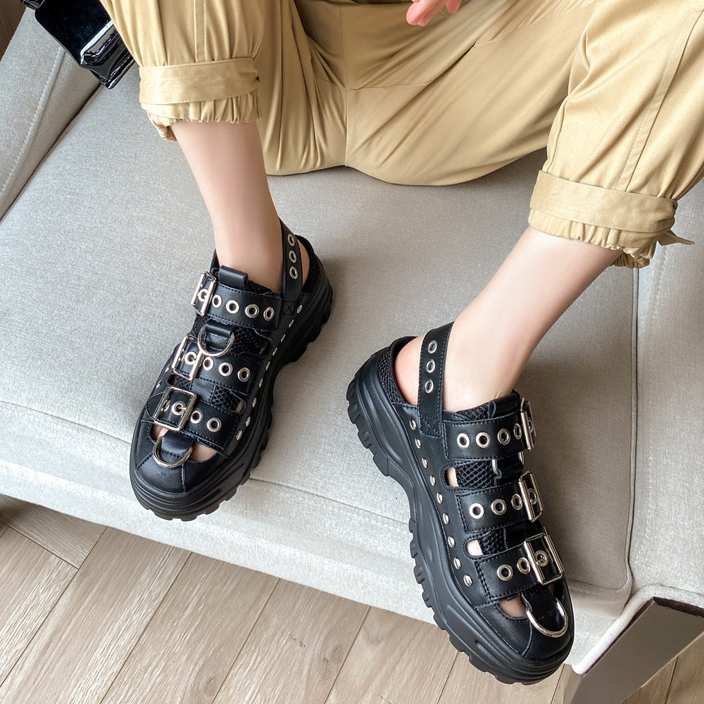 Thick Bottom Muffin Heel Back Trip Belt Leather Casual Shoes Rivet Waterproof Platform Thick Bottom Sandals Student