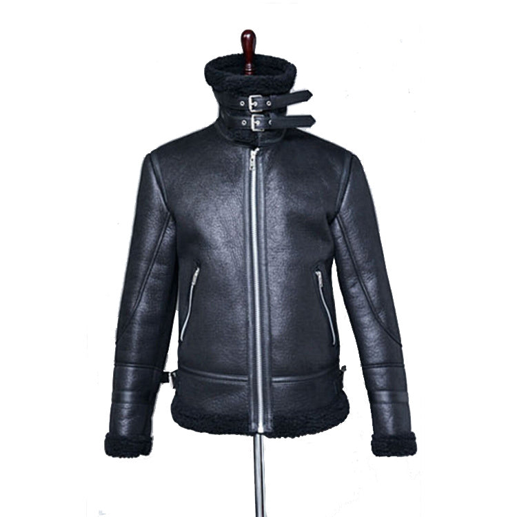 High Neck Fur Liner Lapel Leather Zipper Jacket