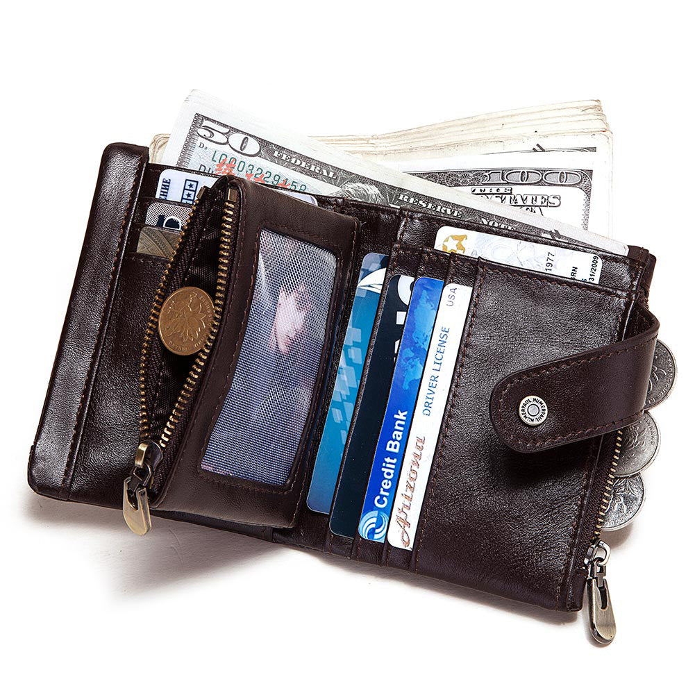 Leather RFID Independent Station Double Zipper Anti-Magnetic Anti-Theft Tri-Fold Wallet