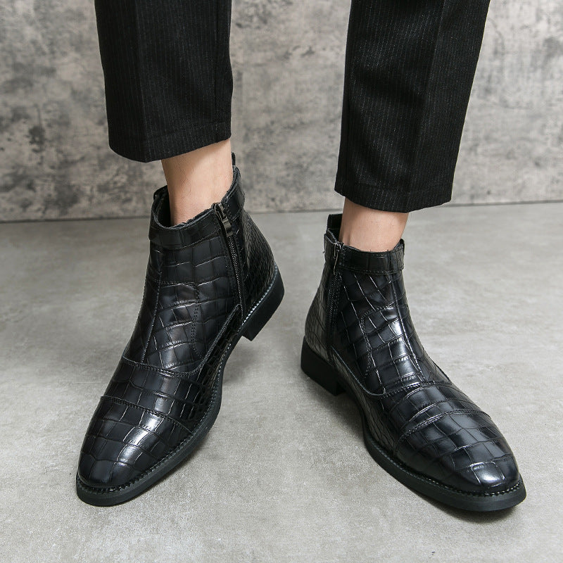 Leather Crocodile Pattern Fashion Pointed Toe Zipper Ankle Boots