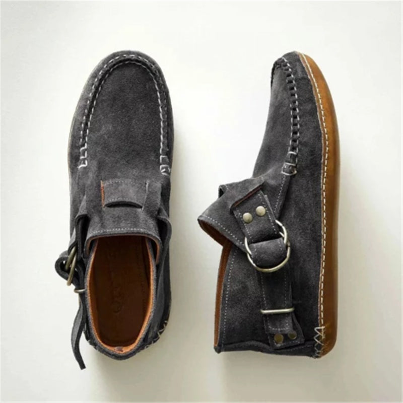 Comfy Leather Leopard Flat Buckle Strap Boots