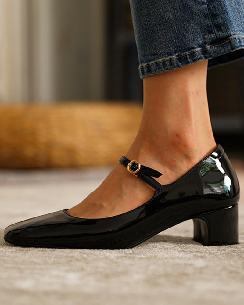 Burgundy Bright Leather Strap Square Toe Shoes