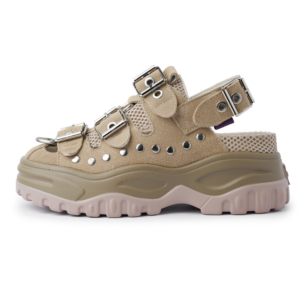 Thick Bottom Muffin Heel Back Trip Belt Leather Casual Shoes Rivet Waterproof Platform Thick Bottom Sandals Student