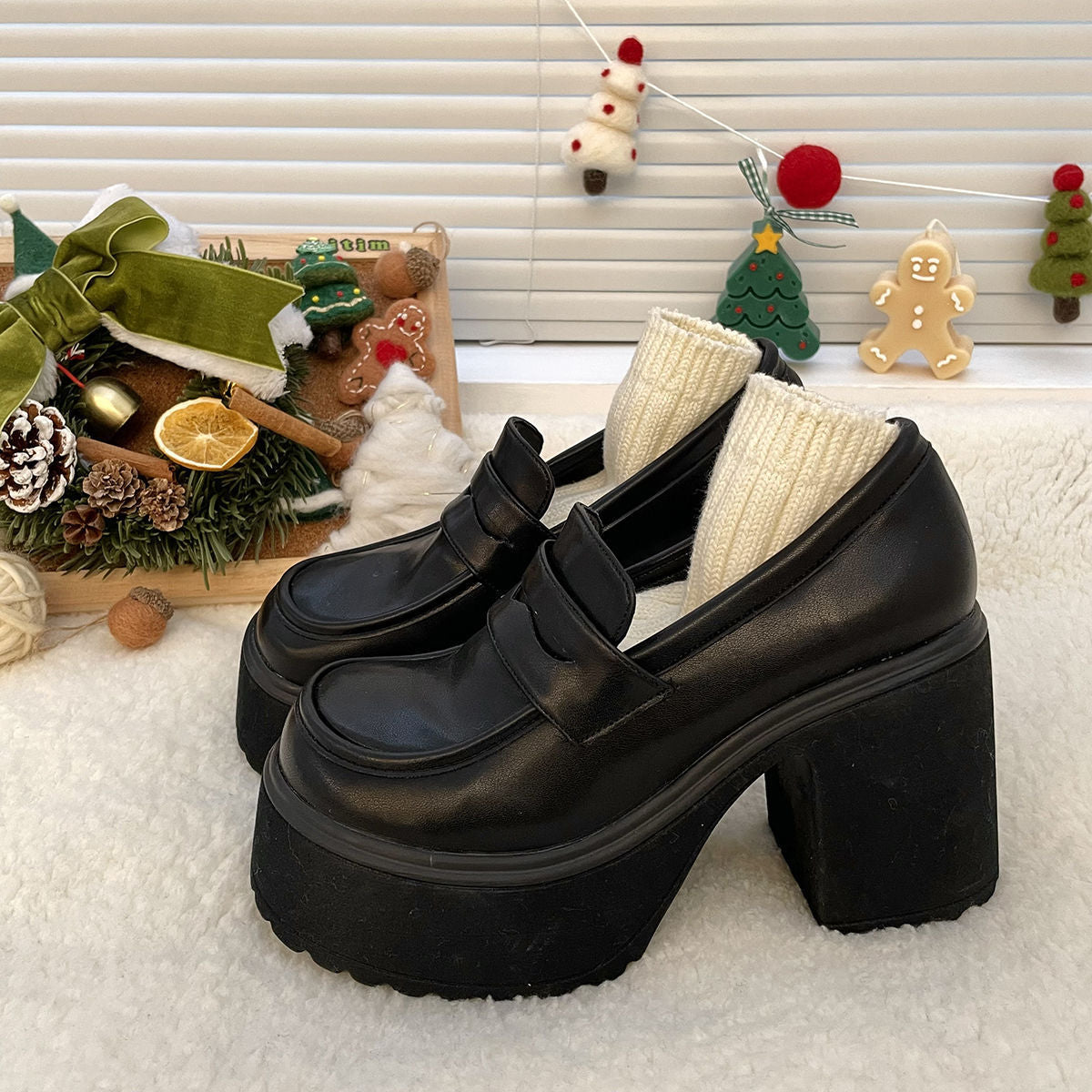 Short Heel British Platform Loafers Leather Shoes
