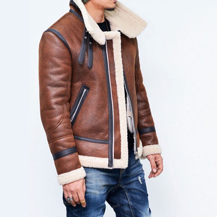 High Neck Fur Liner Lapel Leather Zipper Jacket