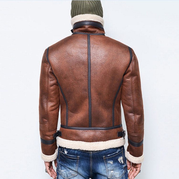 High Neck Fur Liner Lapel Leather Zipper Jacket