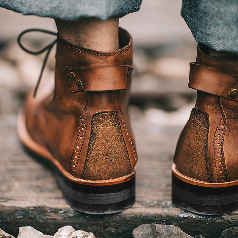 Vintage Retro Classy Leather Lace Up Ankle Low Heel Boots