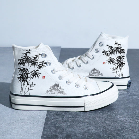 Chinese Style Canvas Shoes Retro Landscape Painting Lotus Pond Bamboo Forest Student High-top Board Shoe