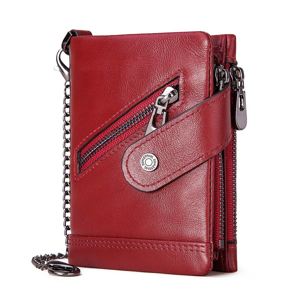 Leather RFID Independent Station Double Zipper Anti-Magnetic Anti-Theft Tri-Fold Wallet
