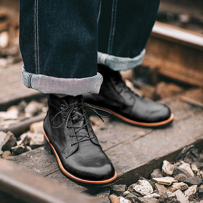 Vintage Retro Classy Leather Lace Up Ankle Low Heel Boots