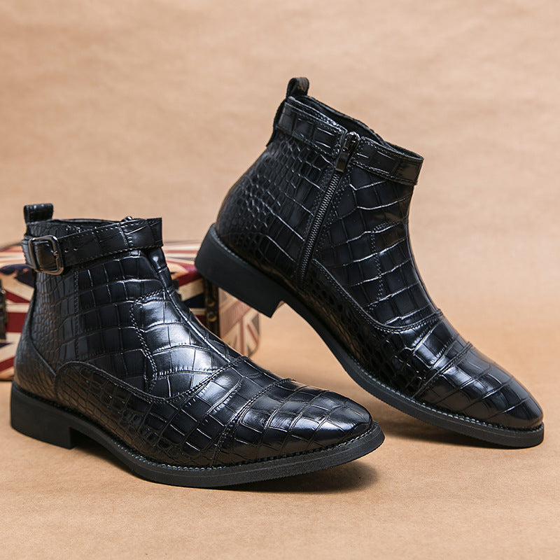 Leather Crocodile Pattern Fashion Pointed Toe Zipper Ankle Boots