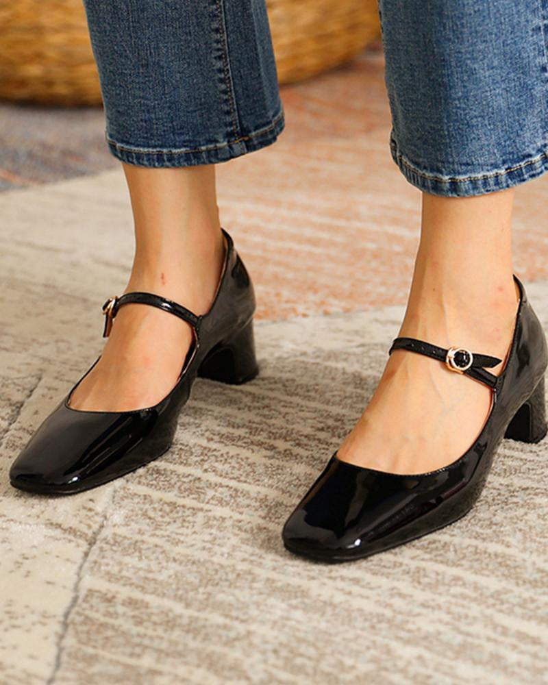 Burgundy Bright Leather Strap Square Toe Shoes