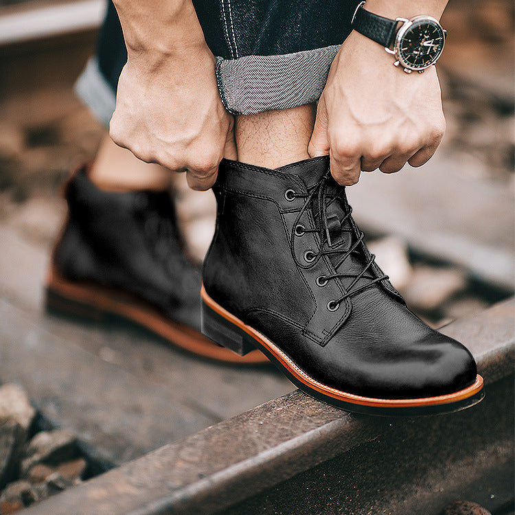 Vintage Retro Classy Leather Lace Up Ankle Low Heel Boots