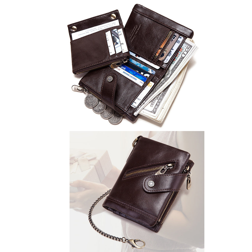 Leather RFID Independent Station Double Zipper Anti-Magnetic Anti-Theft Tri-Fold Wallet