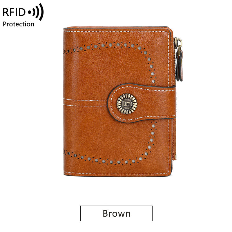 RFID Wallet card Slot Wax Leather Zipper Case