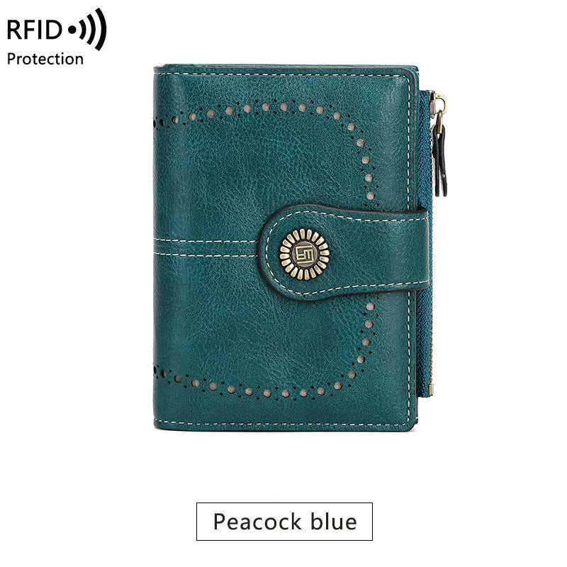 RFID Wallet card Slot Wax Leather Zipper Case