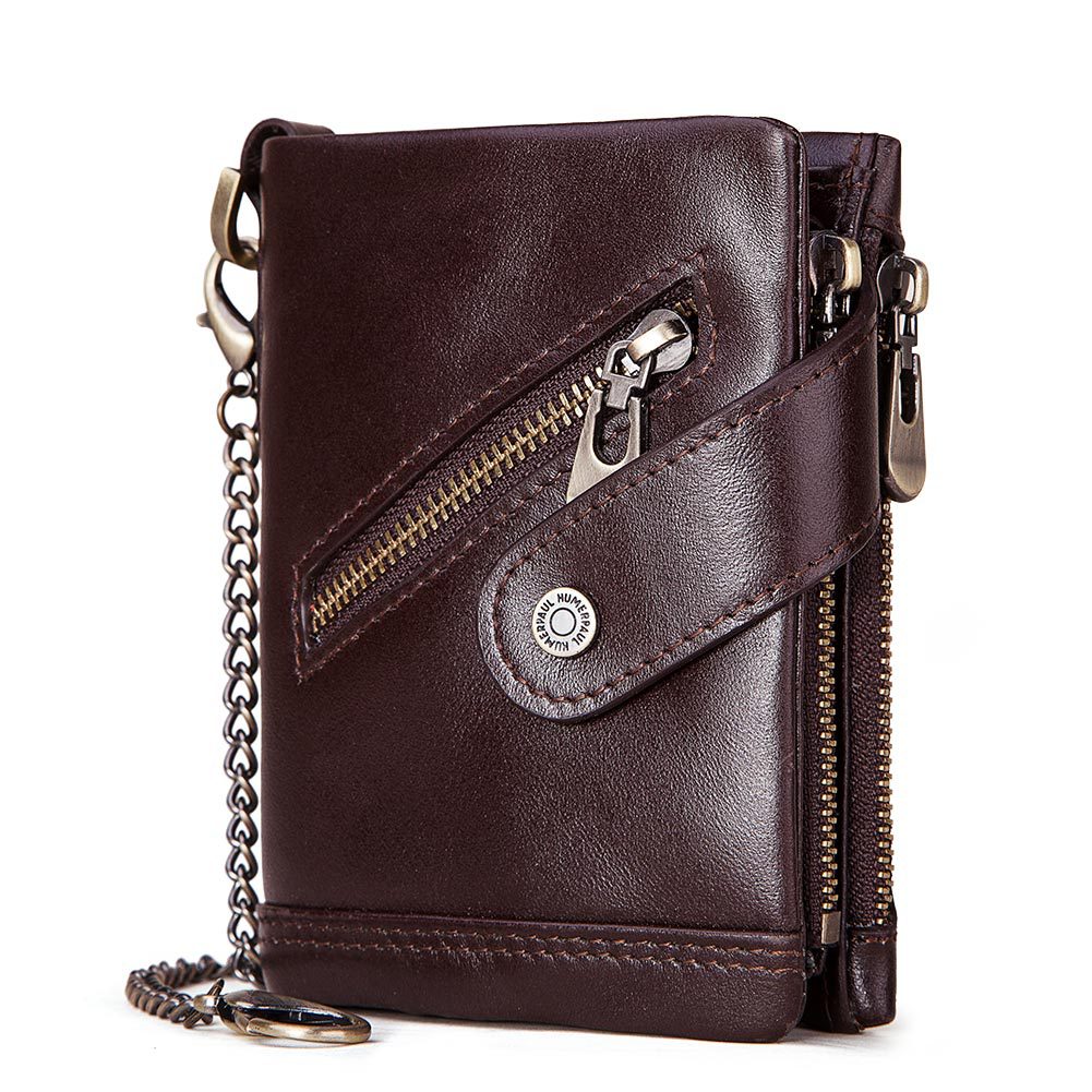Leather RFID Independent Station Double Zipper Anti-Magnetic Anti-Theft Tri-Fold Wallet