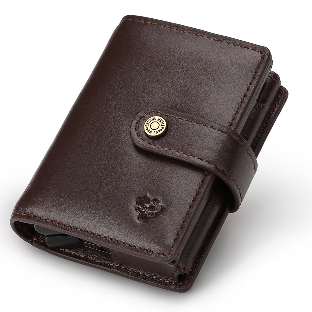 Leather RFID Card Holder Antimagnetic Short Wallet Retro Zipper Automatic
