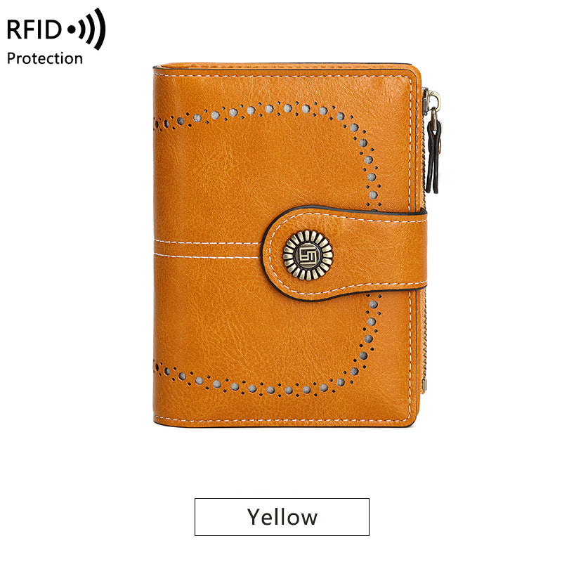 RFID Wallet card Slot Wax Leather Zipper Case