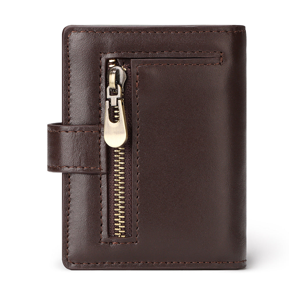 Leather RFID Card Holder Antimagnetic Short Wallet Retro Zipper Automatic