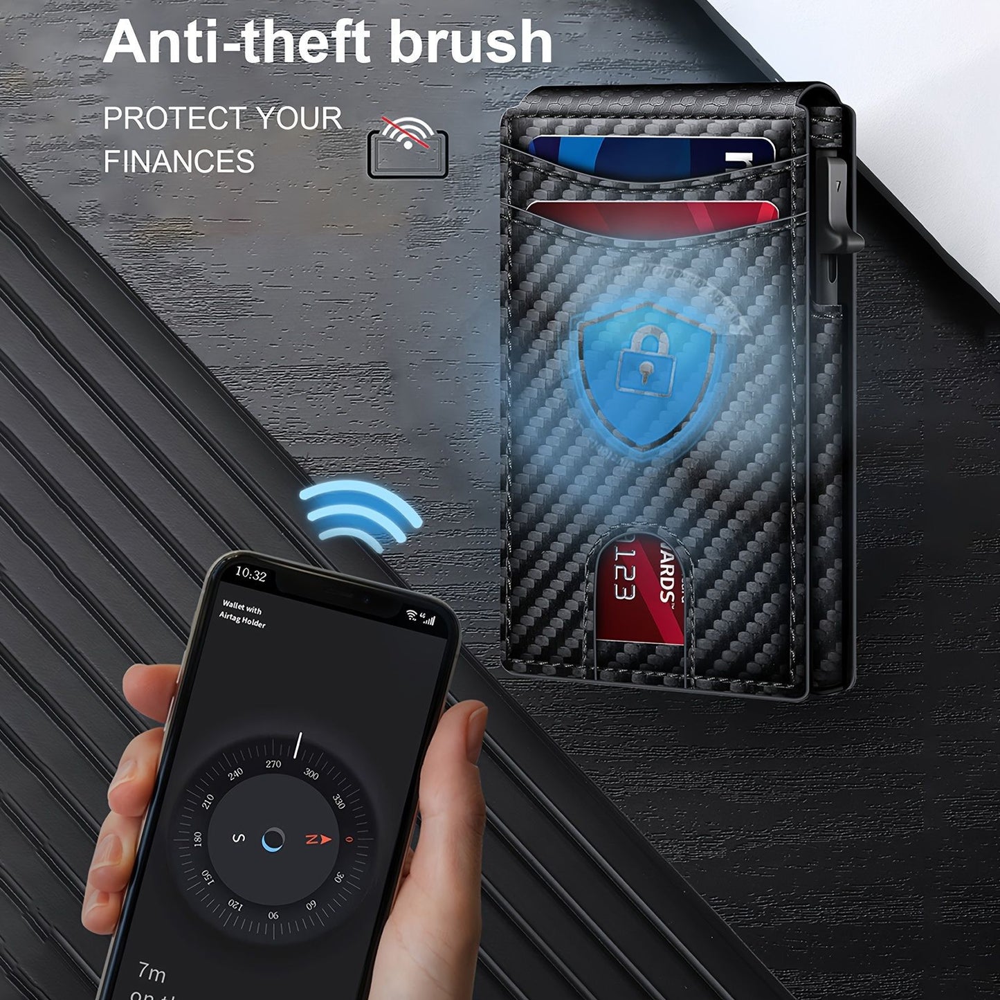 RFID Carbon Fiber Leather Wallet Card Box Anti-Theft