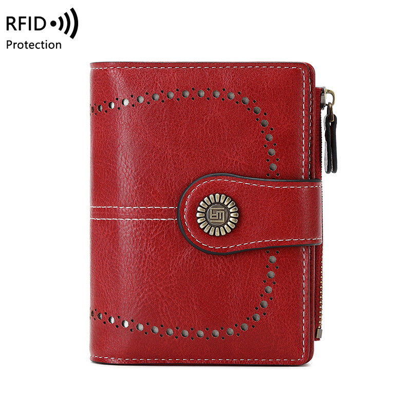 RFID Wallet card Slot Wax Leather Zipper Case