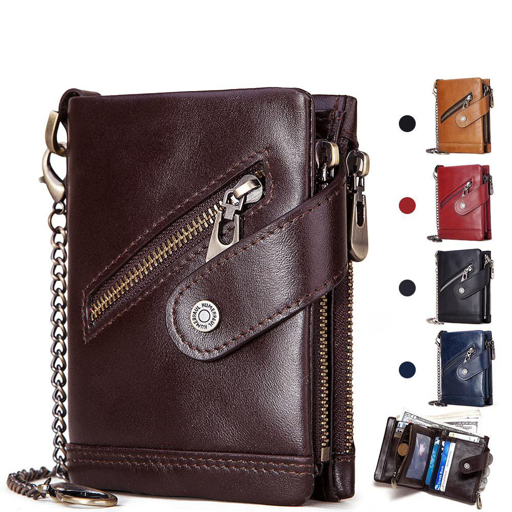 Leather RFID Independent Station Double Zipper Anti-Magnetic Anti-Theft Tri-Fold Wallet