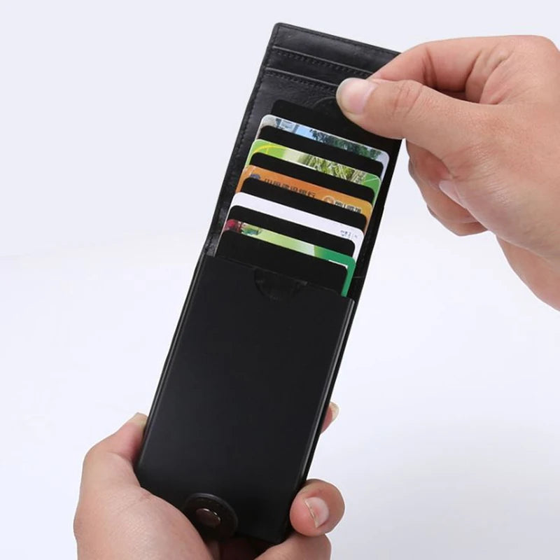 RFID Leather Card Holders Stack Up Pull Out Mini Cascading Wallet